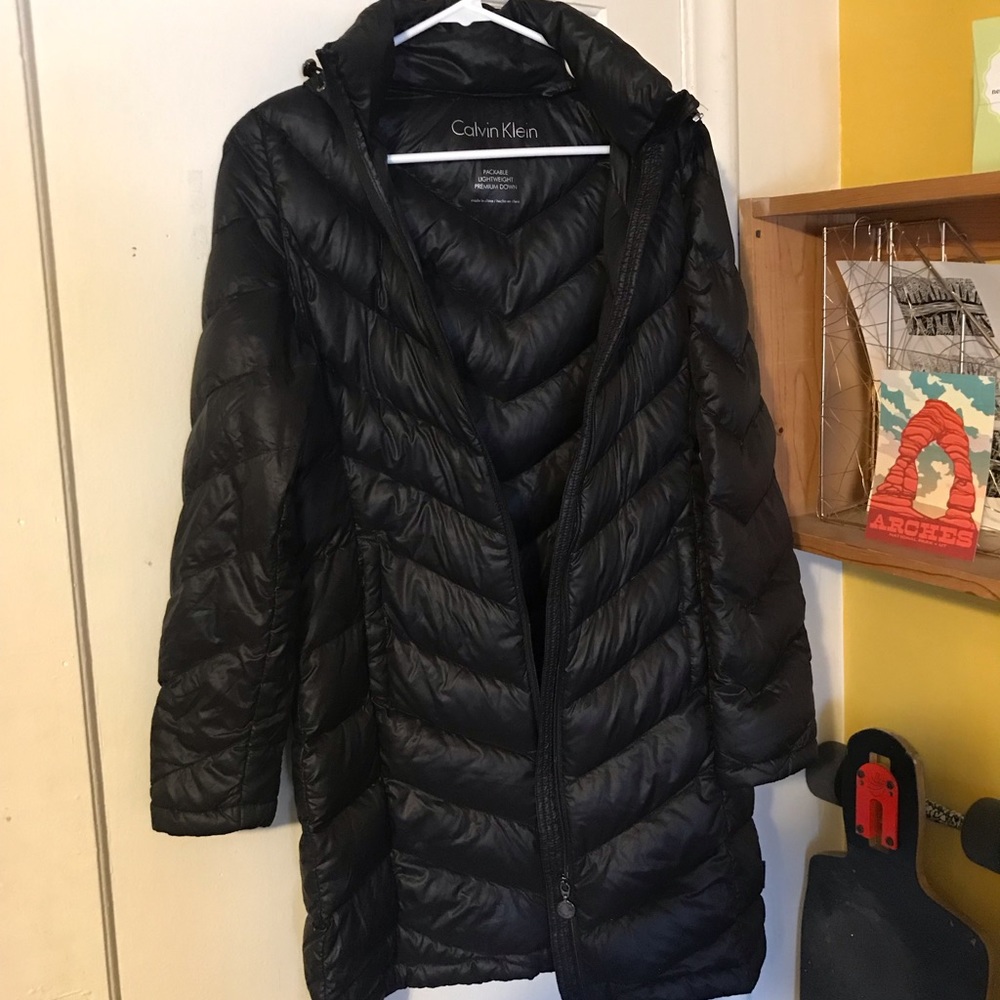 Black packable down Calvin Klein hooded jacket